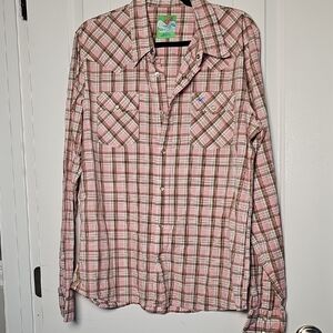 Hollister L Pink and Brown Plaid Button-Down Shirt